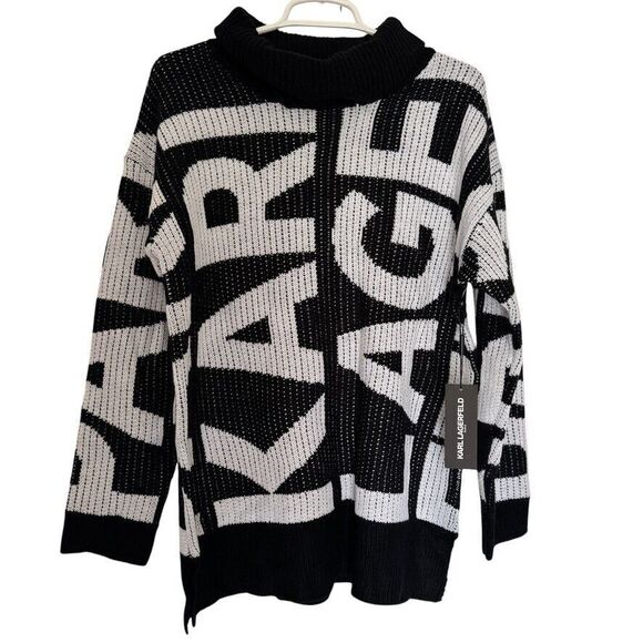 NWT Karl Lagerfeld Women's SMALL Bold LOGO Black White Turtleneck Sweater - Picture 5 of 14